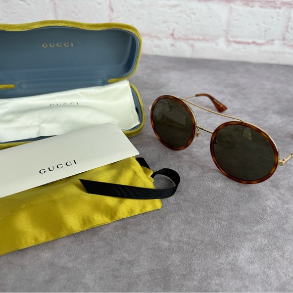 Gucci Gg0061s Round Metal Framed Sunglasses Brown Green Lense - Picture 4 of 12